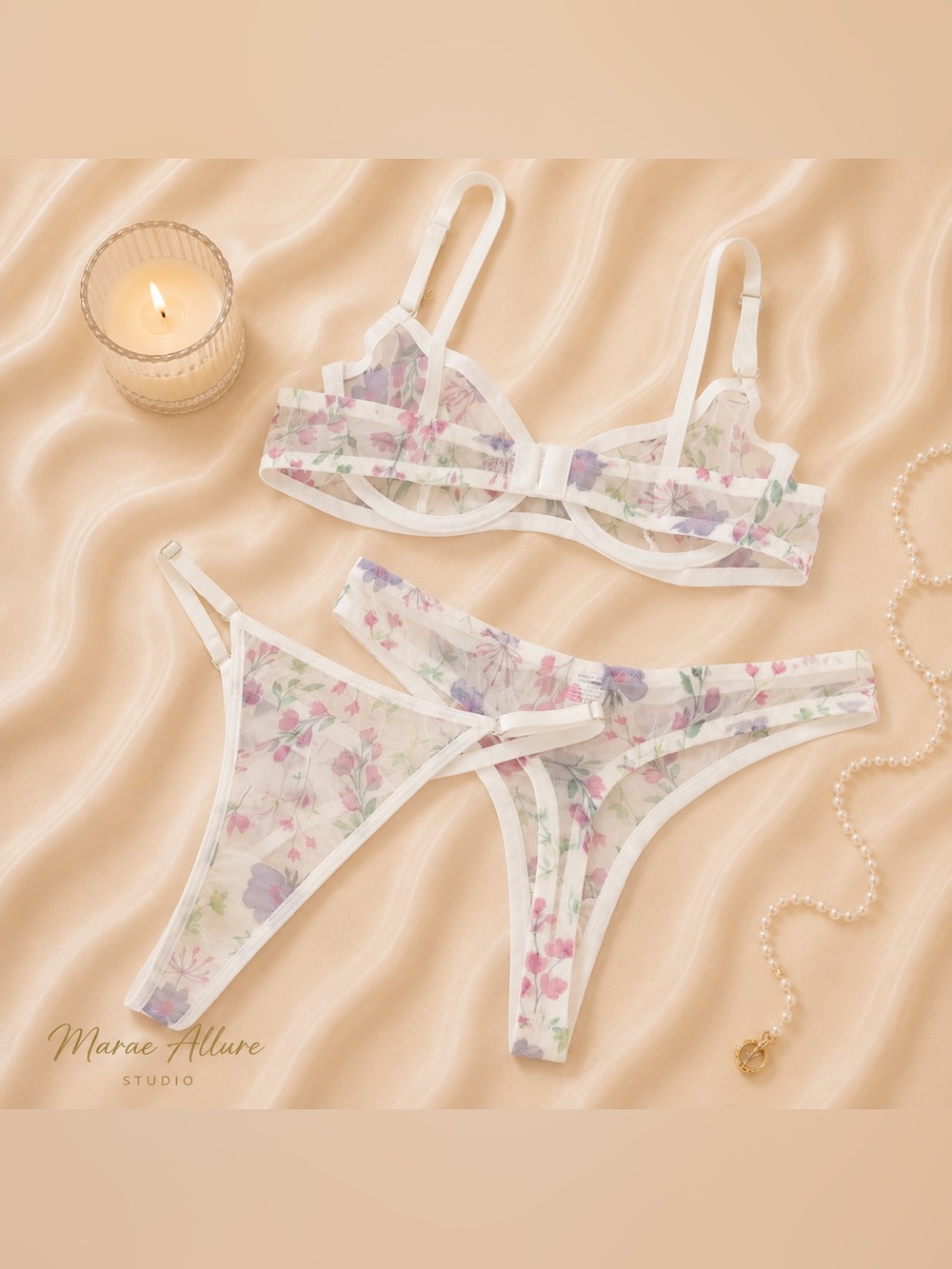 White Floral 3-Piece Mesh Lingerie Set - Picture 2 of 7